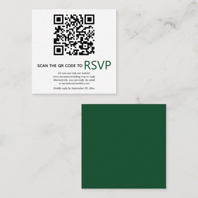 Carte D'accompagnement QR code en ligne RSVP mariage vert émeraude modern (Devant / Derrière)