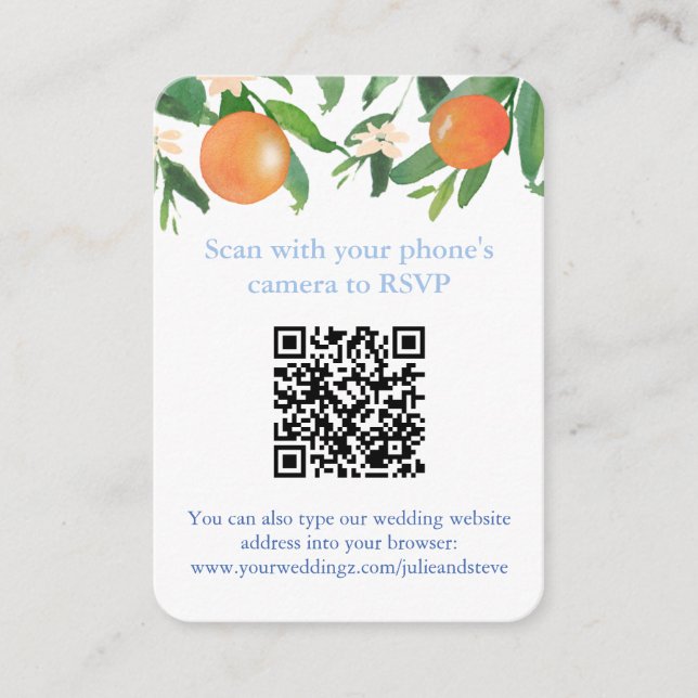 Carte D'accompagnement QR Code Oranges Bleu Et Blanc Citrus Mariage RSVP (Devant)