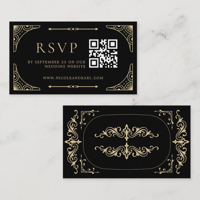 Carte D'accompagnement Qr Code RSVP Black Elegant Deco Gold Retro Mariage (Devant / Derrière)