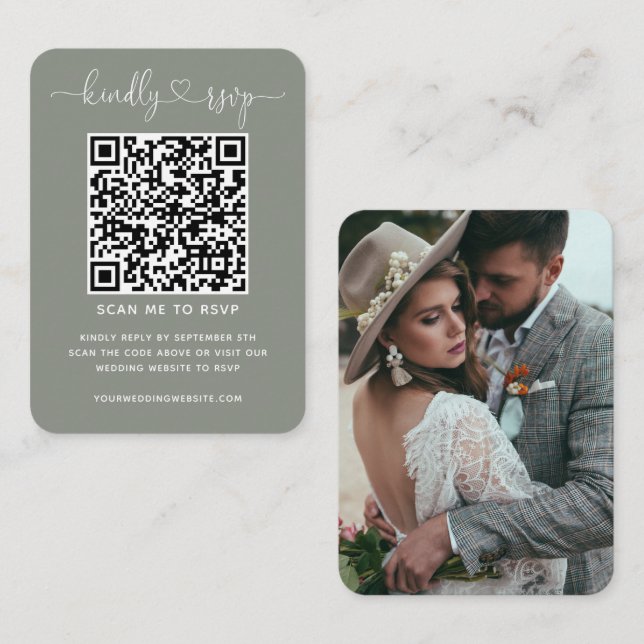 Carte D'accompagnement QR Code Site Mariage RSVP Sage Green Photo (Devant / Derrière)
