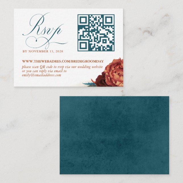 Carte D'accompagnement QR Code Terracotta Mariage Floral RSVP (Devant / Derrière)