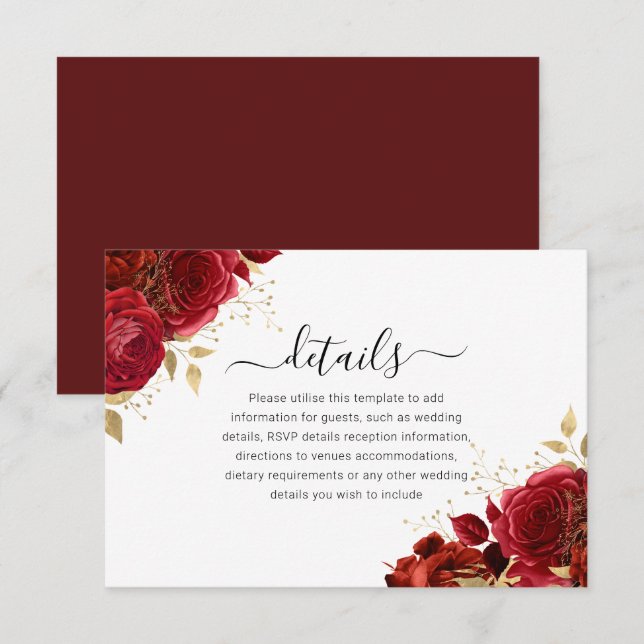 Carte D'accompagnement Quinceanera Florale Rouge & Or ou Détails du Maria (Devant / Derrière)