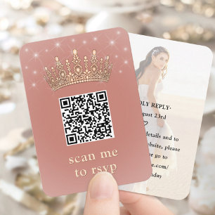 Carte D'accompagnement Quinceañera Photo QR RSVP Couronne Rose Gold Scann
