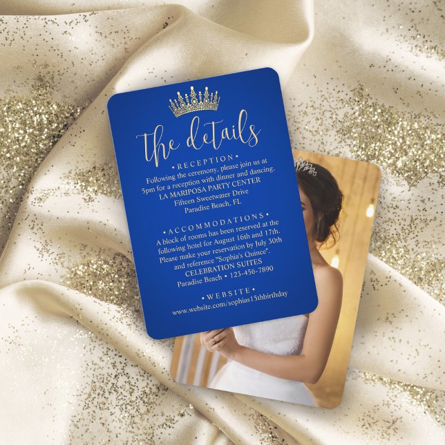 Carte D'accompagnement Quinceañera Photo Royal Blue & Gold Crown Détails (Créateur téléchargé)