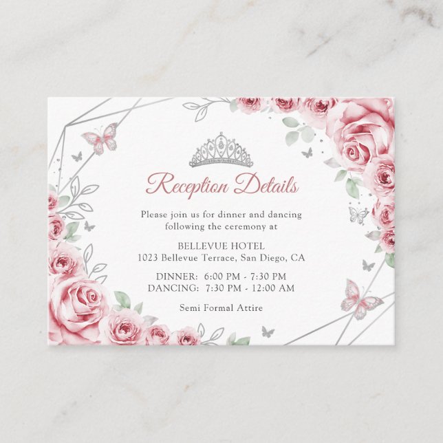 Carte D'accompagnement Quinceanera Pink Silver Floral Details (Devant)