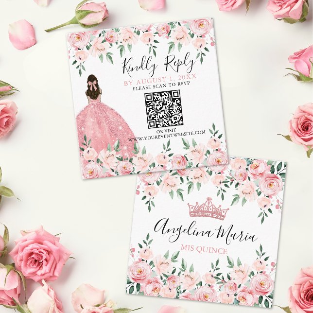 Carte D'accompagnement Quinceanera rose floral Code QR RSVP (Floral Blush Pink Quinceanera QR Code RSVP Enclosure Card)
