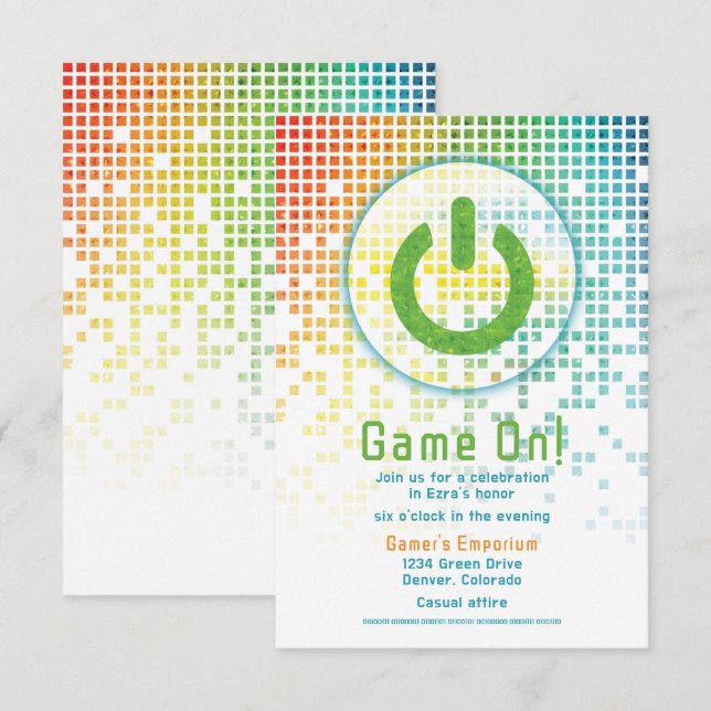 Carte D'accompagnement Rainbow Pixels jeu vidéo Gamer Bar Mitzvah (Devant / Derrière)