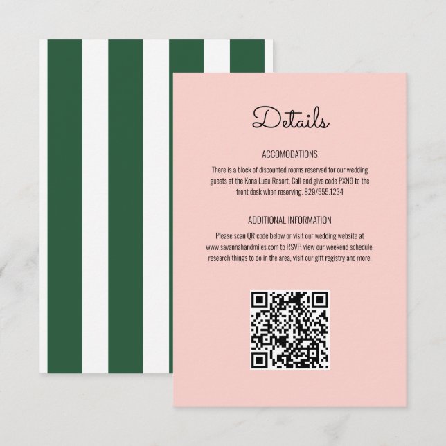 Carte D'accompagnement Rayures roses et vertes Mariage à l'hôtel Beverly  (Devant / Derrière)