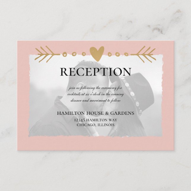 Carte D'accompagnement Réception Blush Modern Photo Gold Hearts (Devant)