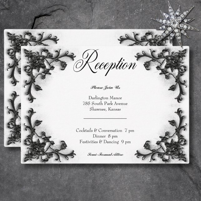 Carte D'accompagnement Réception Coeur en noir et blanc gothique (Gothic Black & White Filigree Heart Reception Enclosure Card)