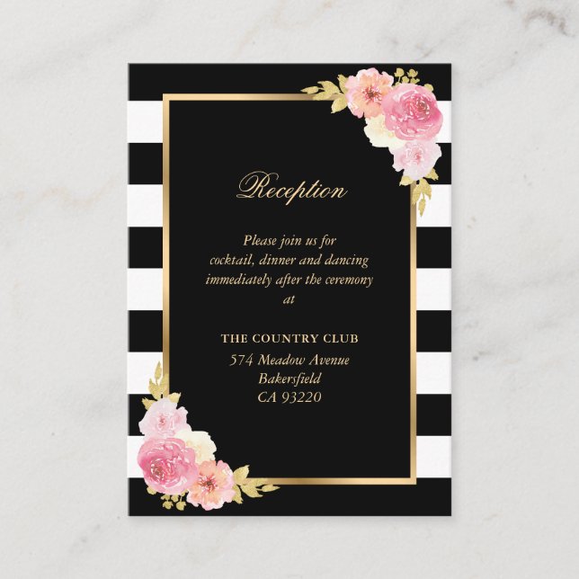 Carte D'accompagnement Reception de Floral Wedding Black White Blush (Devant)