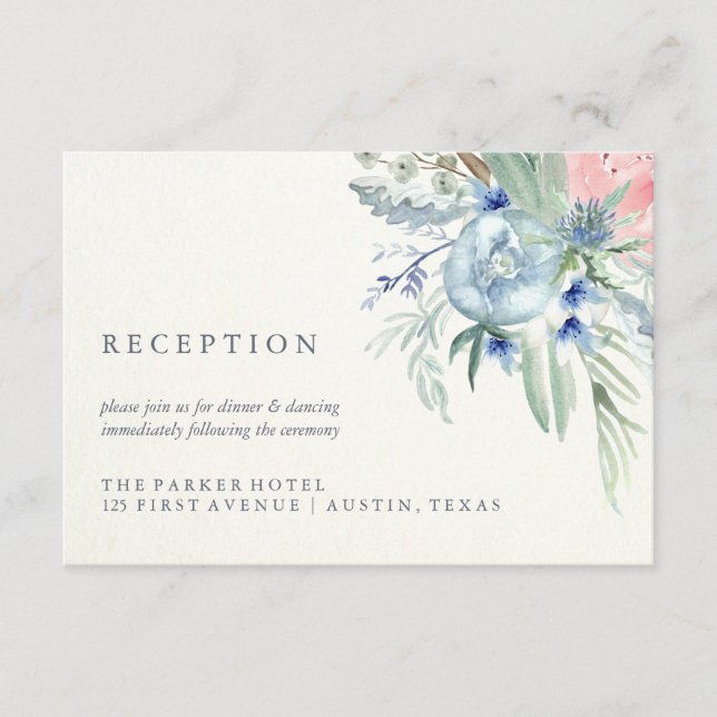 Carte D'accompagnement Réception de mariage à l'aquarelle Bleu et Rose Pa (Devant)