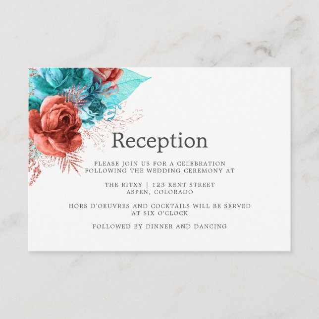 Carte D'accompagnement Réception de mariage aquarelle turquoise et corail (Devant)