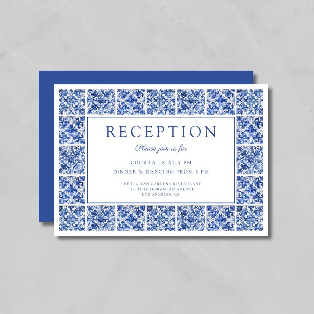 Carte D'accompagnement Réception de mariage aux carreaux bleus élégants (Elegant Blue Tiles Wedding Reception Enclosure Card)