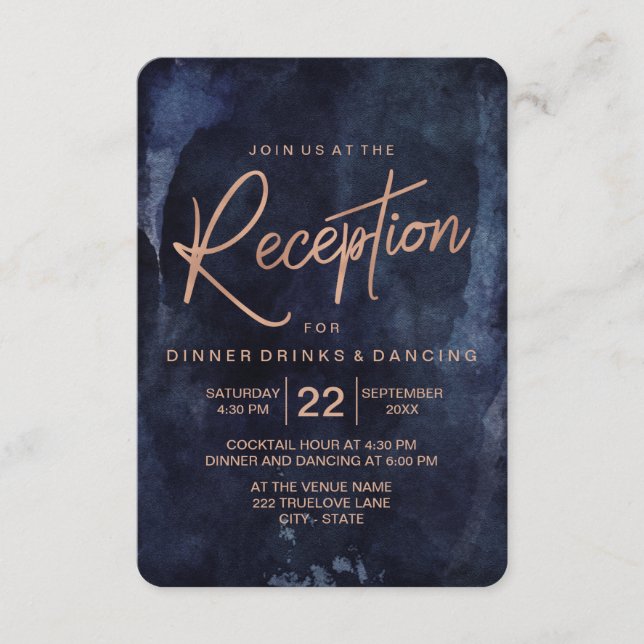 Carte D'accompagnement Réception de mariage bleu marine et or rose (Devant)