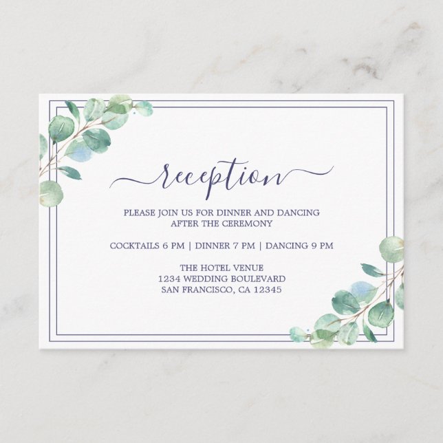 Carte D'accompagnement Réception de mariage chic Script Green Foliage (Devant)
