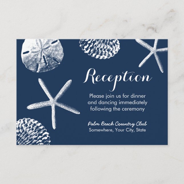 Carte D'accompagnement Réception de mariage coquillages bleu marine plage (Devant)
