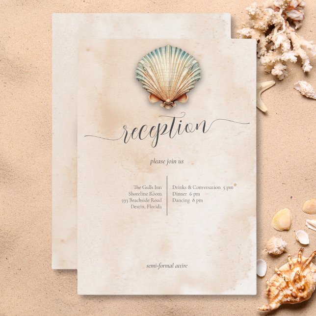 Carte D'accompagnement Réception De Mariage De Sable De Coquillages Côtie (Modern Coastal Seashell Sand Wedding Reception Enclosure Card)
