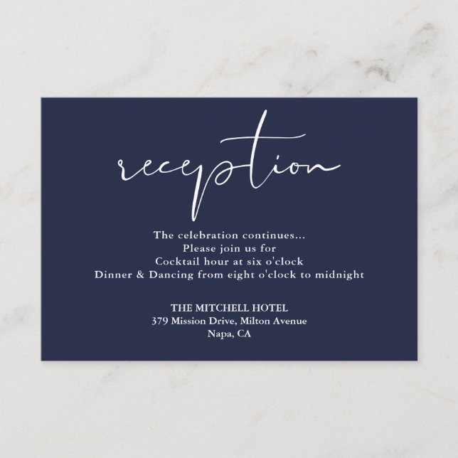 Carte D'accompagnement Réception de mariage élégant écriture bleu marine (Devant)