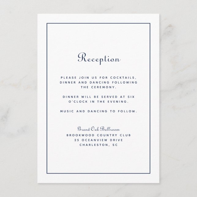 Carte D'accompagnement Réception de Mariage Élégant Script Bleu Marine Cl (Devant)