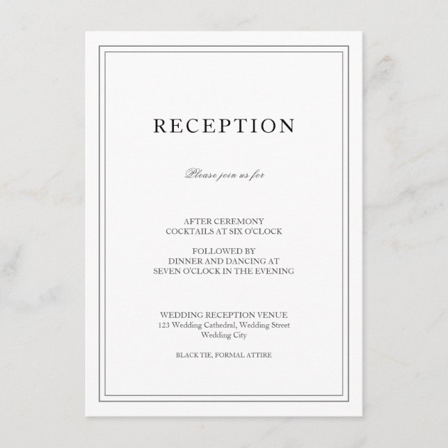 Carte D'accompagnement Réception de mariage élégante classique noir et bl (Devant)