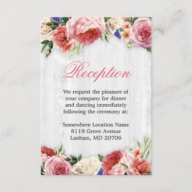 Carte D'accompagnement Réception de mariage en bois floral rustique rose  (Devant)