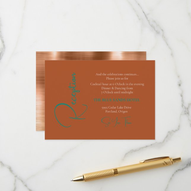 Carte D'accompagnement Réception de mariage en cuivre et texte Turquoise (Devant/Arrière en situation)