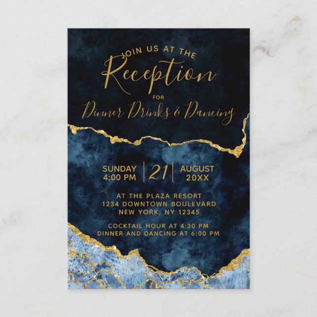 Carte D'accompagnement Réception de mariage en marbre bleu marine avec fe (Devant)