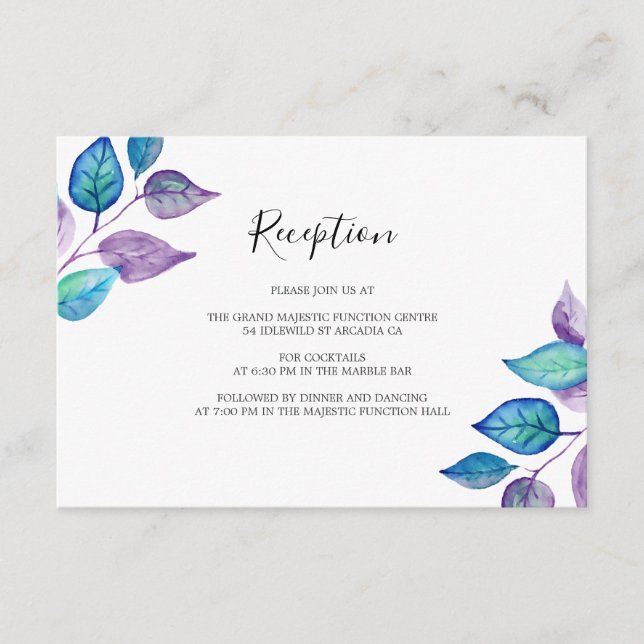 Carte D'accompagnement Réception de mariage Feuille violet Turquoise (Devant)