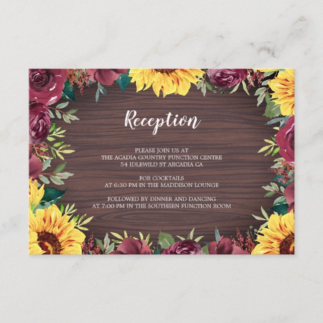 Carte D'accompagnement Réception de mariage fleurie de tournesol rustique (Devant)