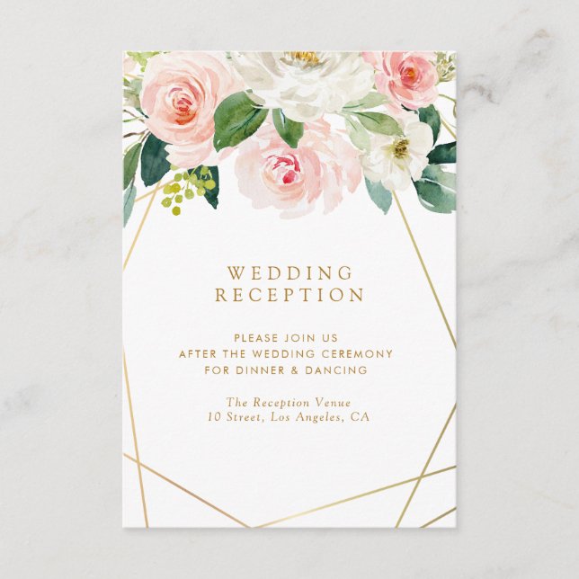 Carte D'accompagnement réception de mariage fleurie rose or géométrique (Devant)