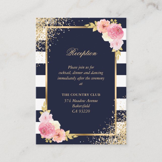 Carte D'accompagnement Réception de mariage floral bleu bleu marine rose (Devant)