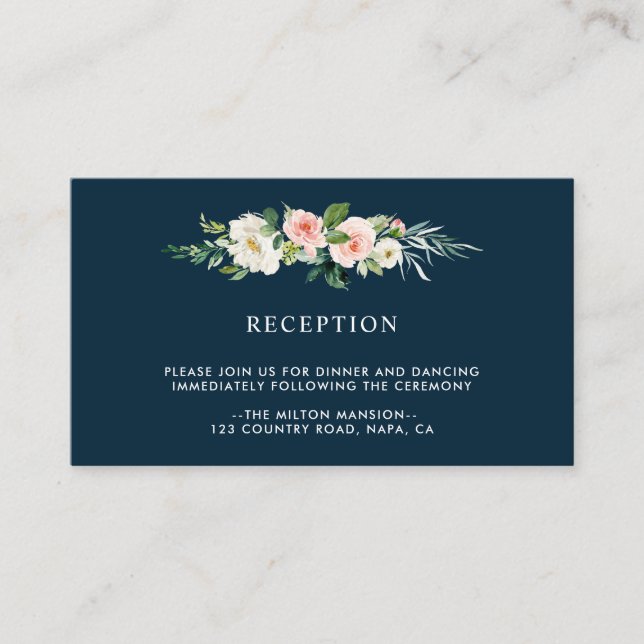 Carte D'accompagnement Réception de mariage floral Blush de la Marine (Devant)