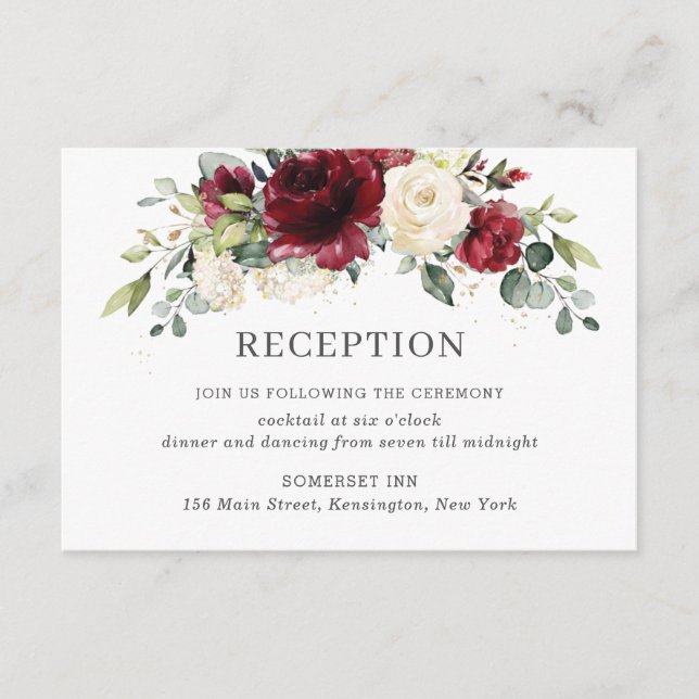 Carte D'accompagnement Réception de mariage floral chic bourgogne ivoire (Devant)