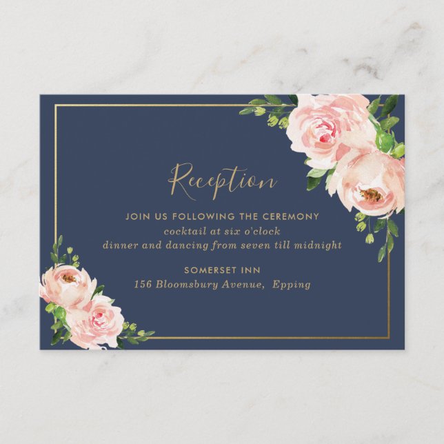 Carte D'accompagnement Réception de mariage floral de la Marine rose vif  (Devant)