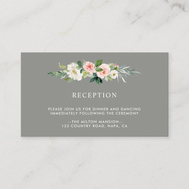 Carte D'accompagnement Réception De Mariage Floral Gris Blush (Devant)
