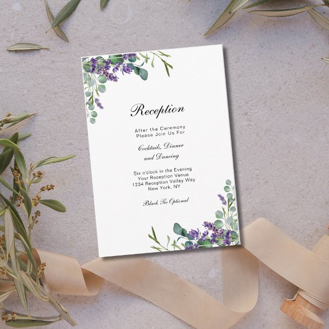 Carte D'accompagnement Réception de mariage floral Lavender Eucalytus (Lavender Eucalyptus Greenery Wedding Reception Card. Watercolor, Elegant Trendy)