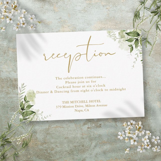 Carte D'accompagnement Réception de mariage Floral Vert Doré Script (Floral Greenery Gold Script Wedding Reception Enclosure Card)