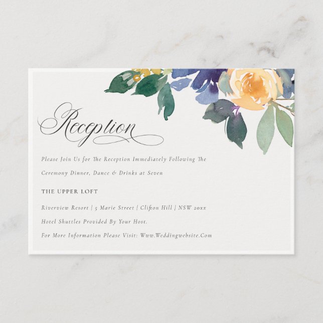 Carte D'accompagnement Réception de mariage gaie jaune bleu floral (Devant)