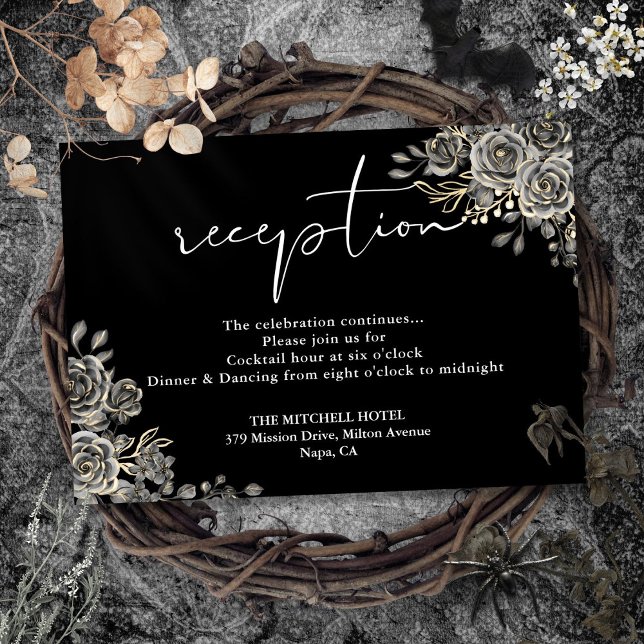 Carte D'accompagnement Réception De Mariage Gothique Noir Et Blanc (Black And White Gothic Wedding Reception Enclosure Card)