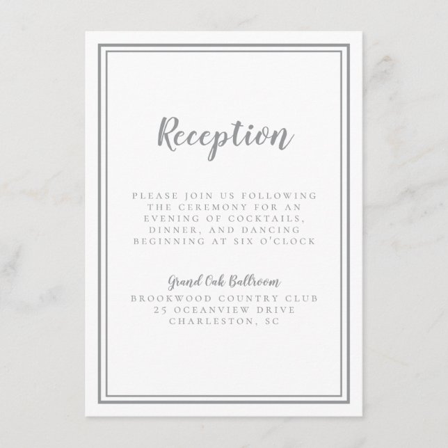Carte D'accompagnement Réception de mariage gris simple Cadre blanc (Devant)