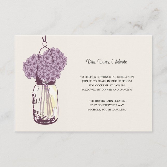 Carte D'accompagnement Réception de mariage Hydrangea & Pot Mason (Devant)