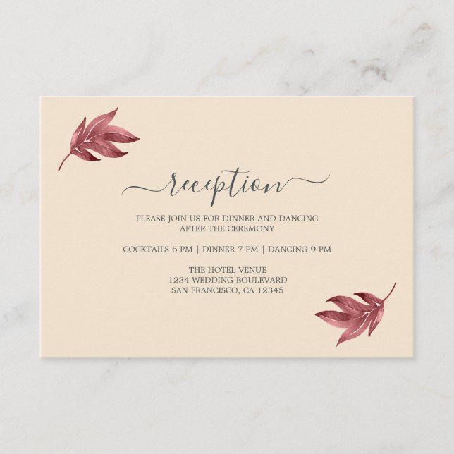 Carte D'accompagnement Réception De Mariage Minimale Chic Burgundy Leaf I (Devant)