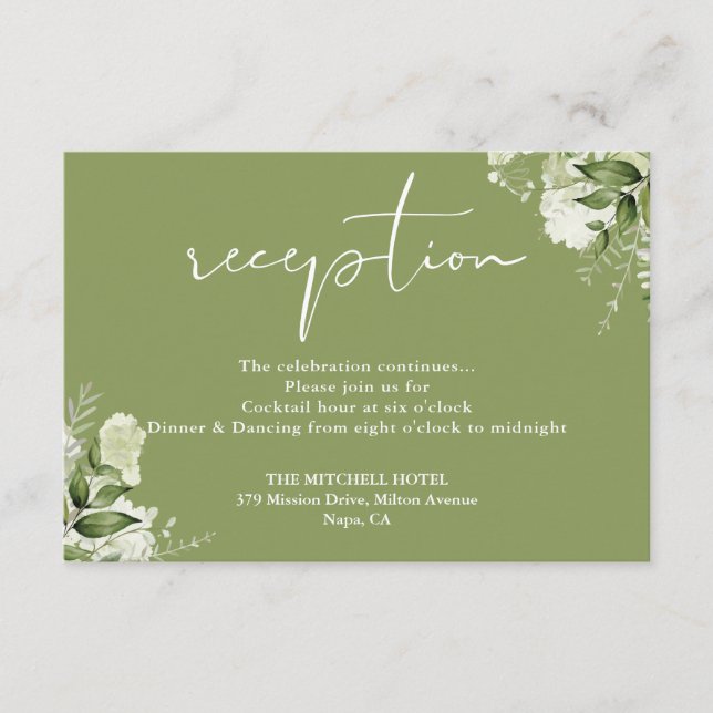 Carte D'accompagnement Réception de mariage Moss Green Floral Script (Devant)
