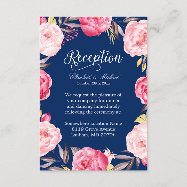 Carte D'accompagnement Réception de mariage Rose Floral Wreath Marine Ble (Devant)