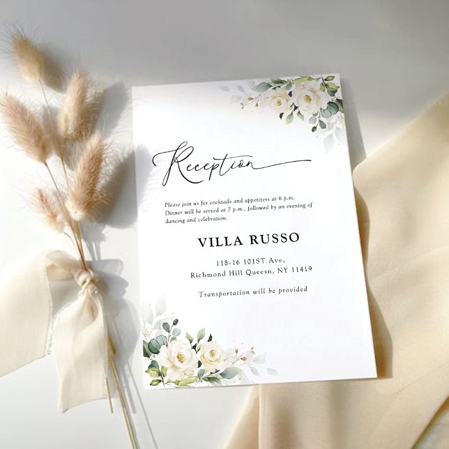 Carte D'accompagnement Réception de mariage Roses blanches vertes (Créateur téléchargé)