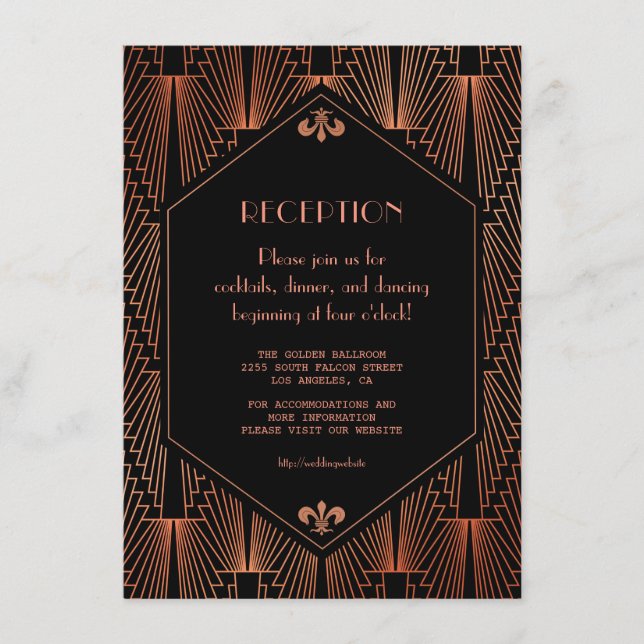 Carte D'accompagnement Réception de mariage Royal Gold Black Great Gatsby (Devant)