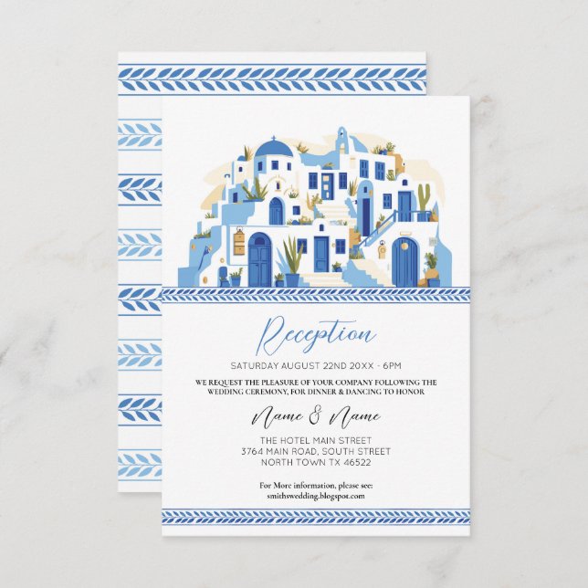 Carte D'accompagnement Réception de mariage Santorin Grèce Bleu Grec (Devant / Derrière)