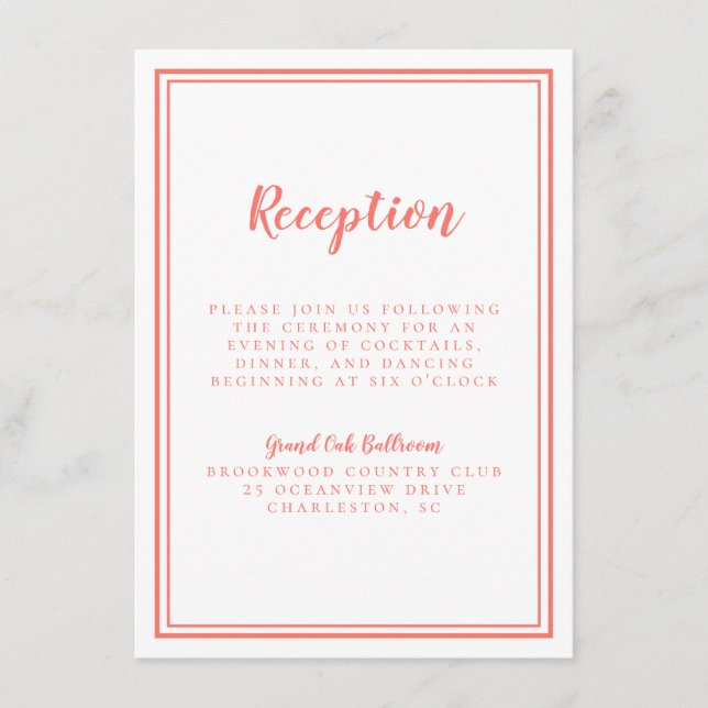 Carte D'accompagnement Réception De Mariage Simple Cadre Coral Blanc (Devant)