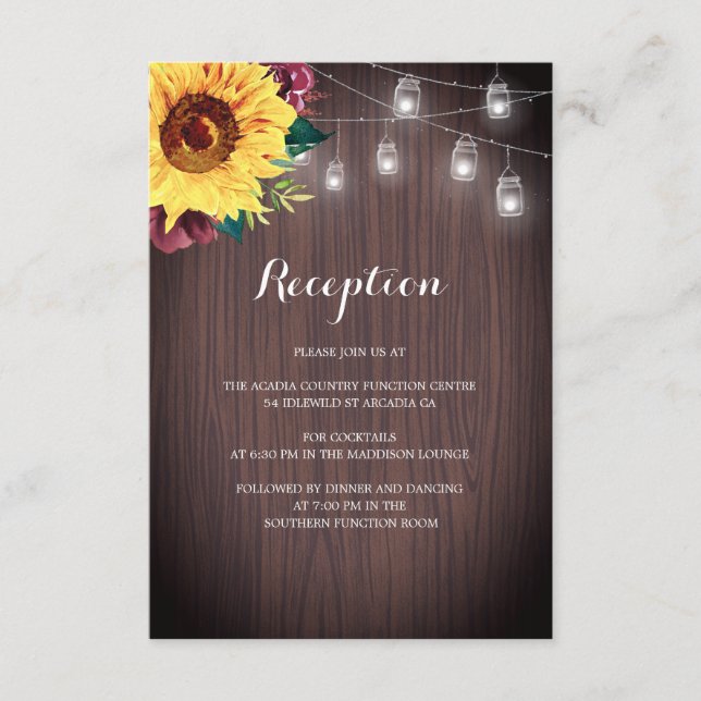 Carte D'accompagnement Réception de mariage Sunflower Bourgogne Lumières  (Devant)
